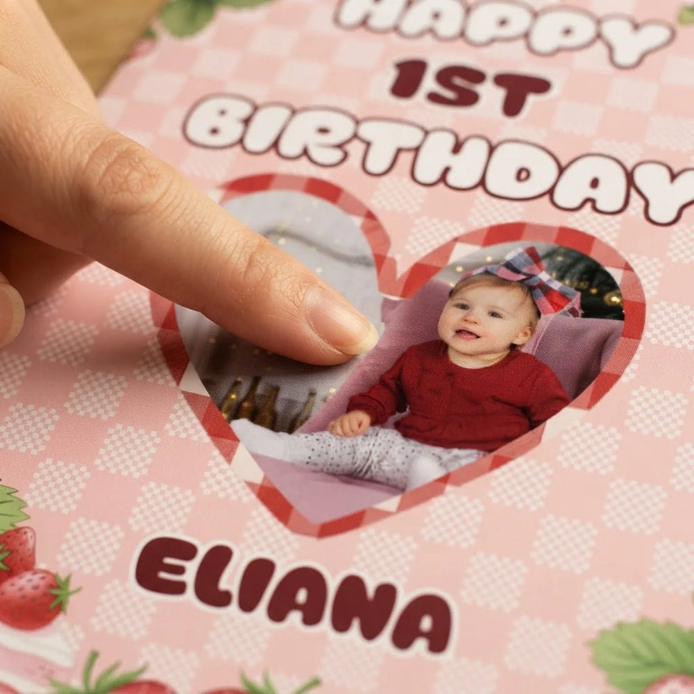Close-up of the personalised name and photo printed on the Strawberry Birthday Mega Card