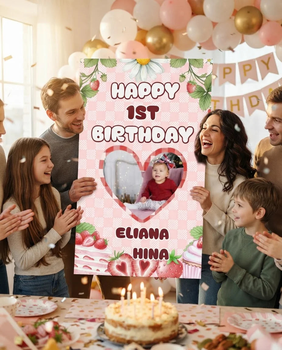 Friends and family celebrating with the personalised Strawberry Birthday Mega Card