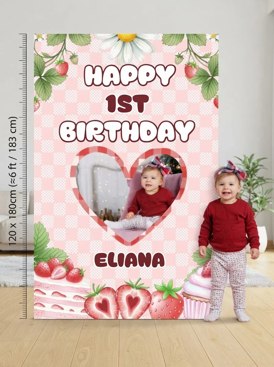 Person standing beside the Strawberry Birthday Mega Card for scale in a size guide