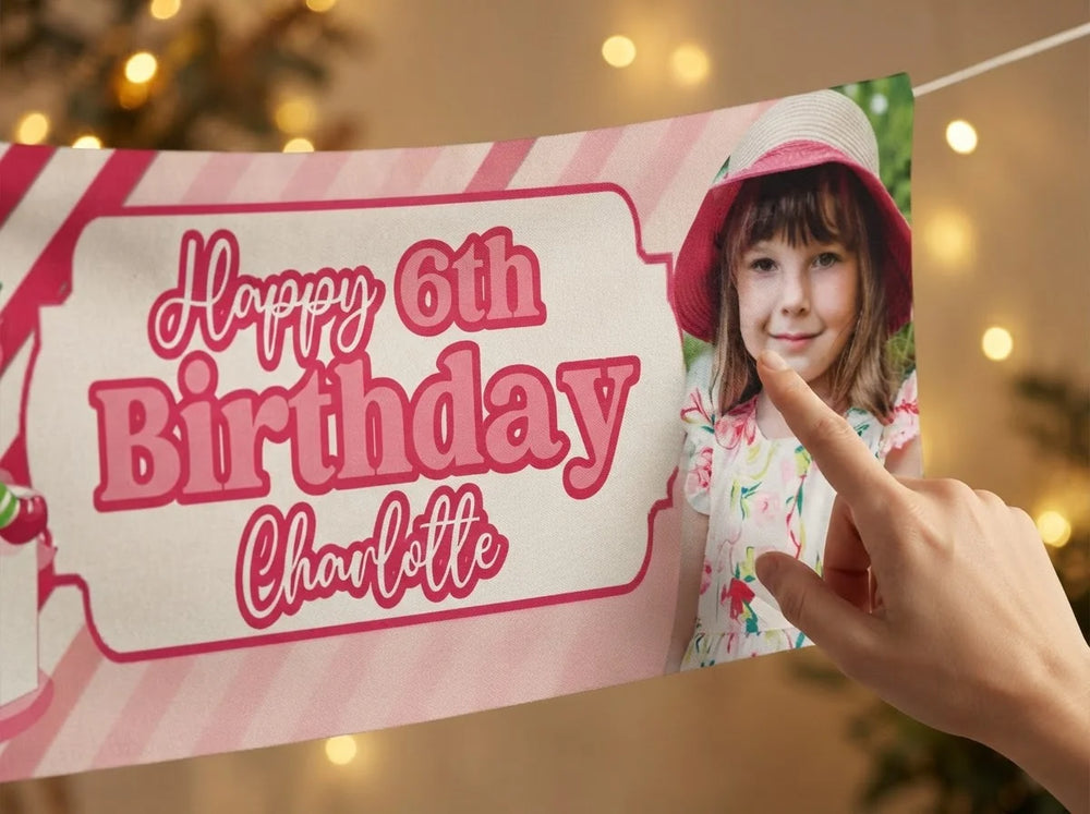 Close-up of the personalised name and photo printed on the Strawberry Shortcakes Birthday Banner
