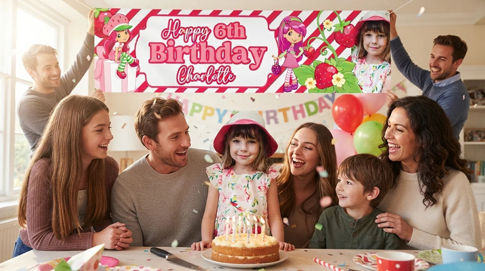 Friends and family celebrating with the personalised Strawberry Shortcakes Birthday Banner