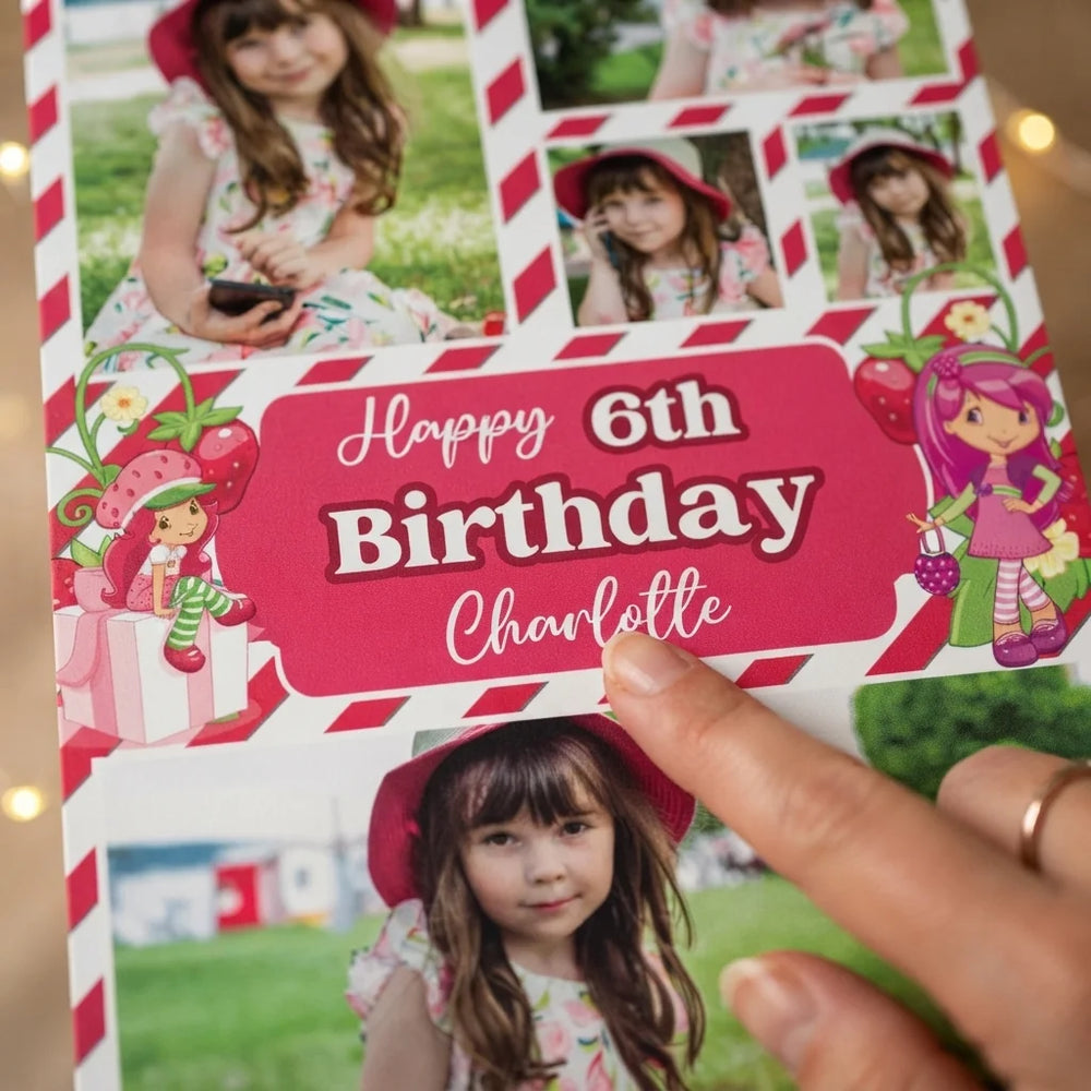 Close-up of the personalised name and photo printed on the Strawberry Shortcakes Mega Card