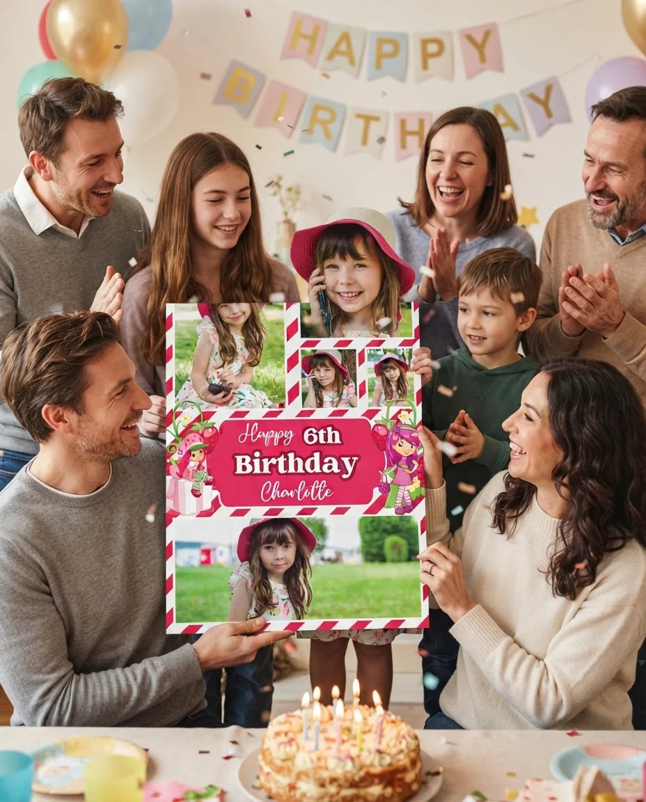 Friends and family celebrating with the personalised Strawberry Shortcakes Mega Card