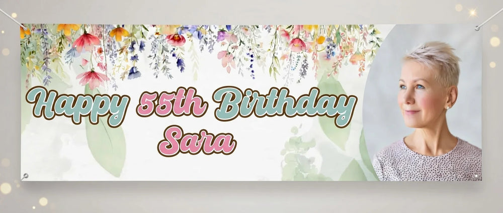 Personalised Summer Flower Birthday Party Banner displayed against a plain studio background