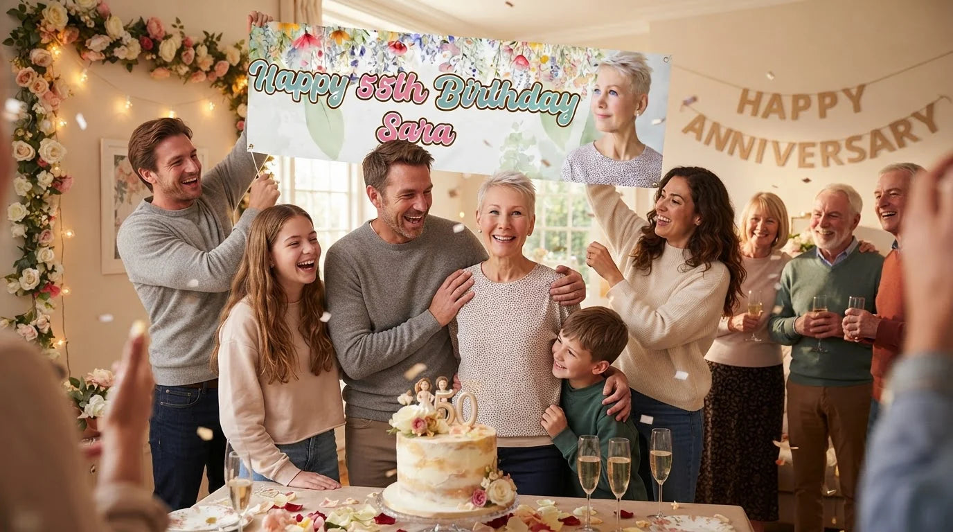 Friends and family celebrating with the personalised Summer Flower Birthday Party Banner