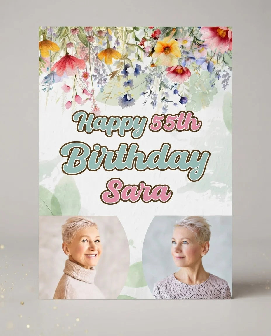 Personalised Summer Flower Birthday Party Mega Card displayed against a plain studio background