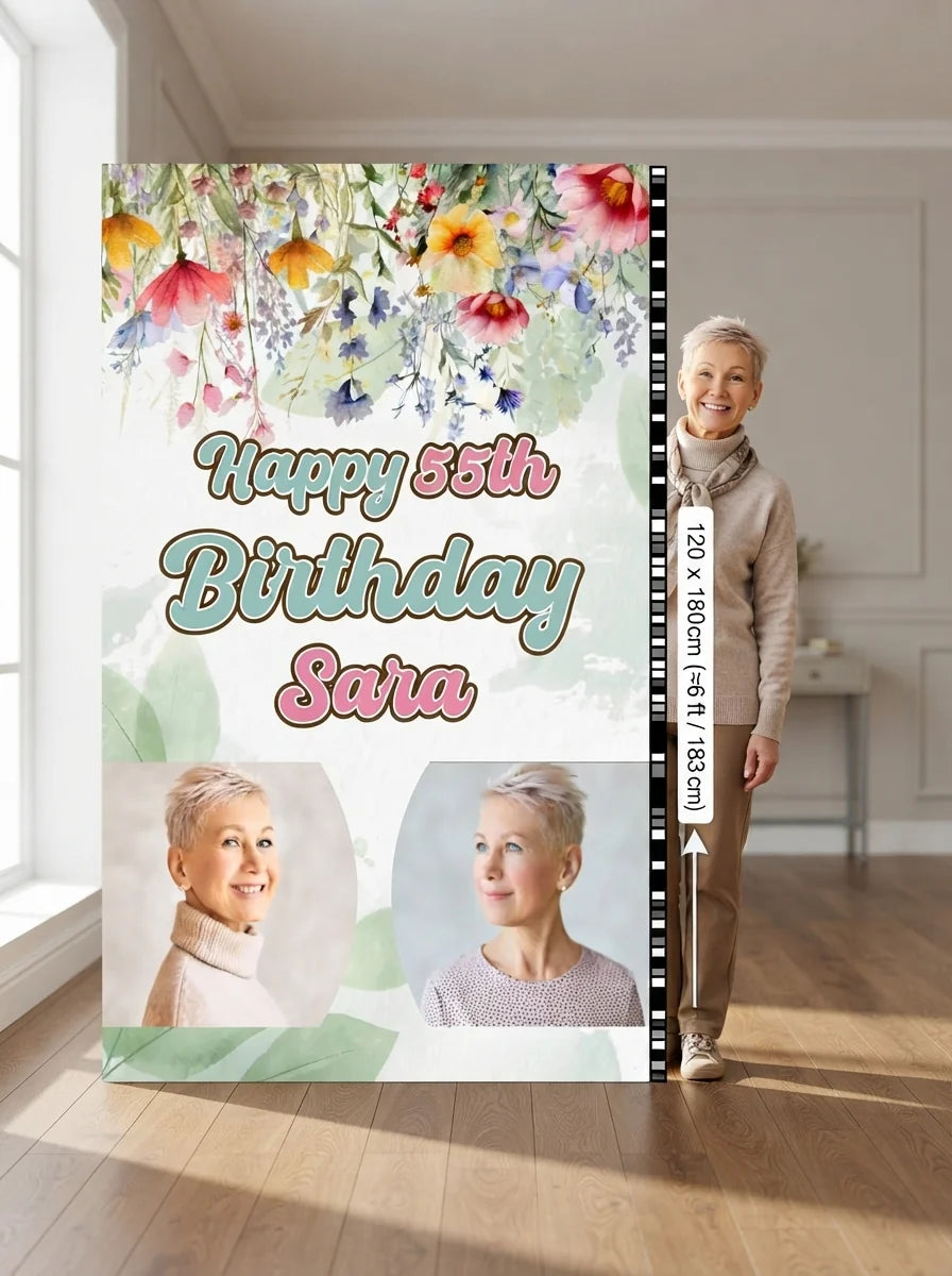 Person standing beside the Summer Flower Birthday Party Mega Card for scale in a size guide