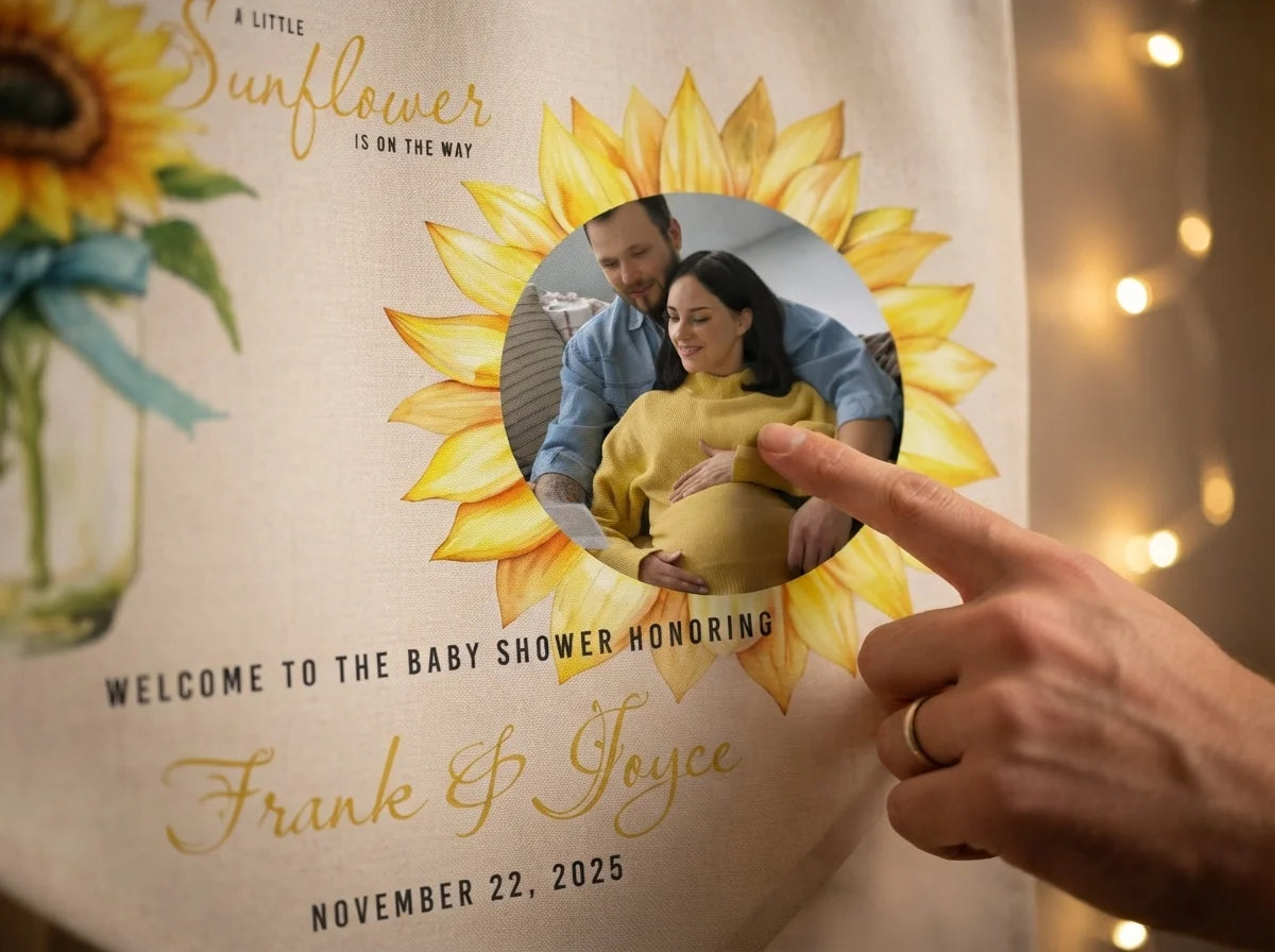 Close-up of the personalised name and photo printed on the Sunflower Baby Shower Party Banner
