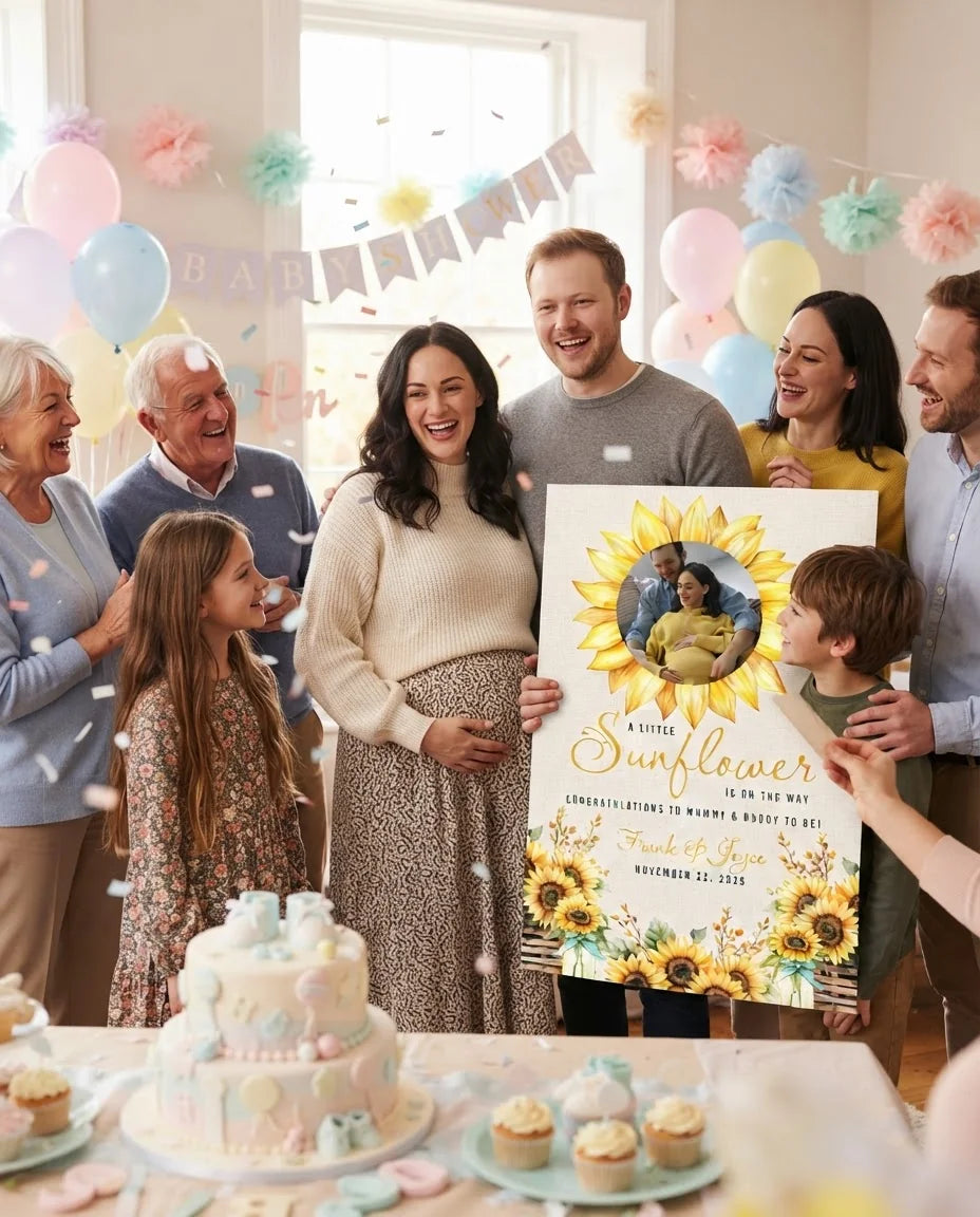 Friends and family celebrating with the personalised Sunflower Baby Shower Party Mega Card