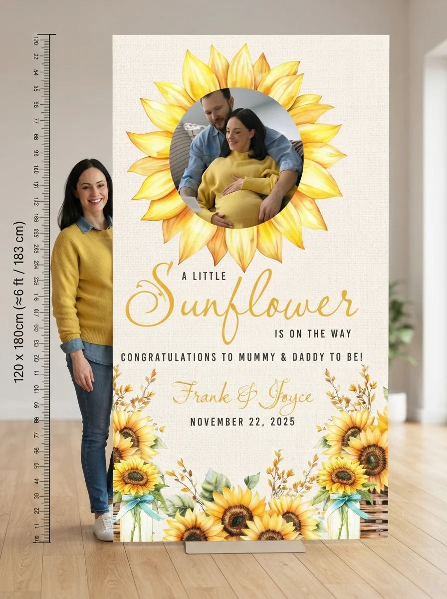 Person standing beside the Sunflower Baby Shower Party Mega Card for scale in a size guide