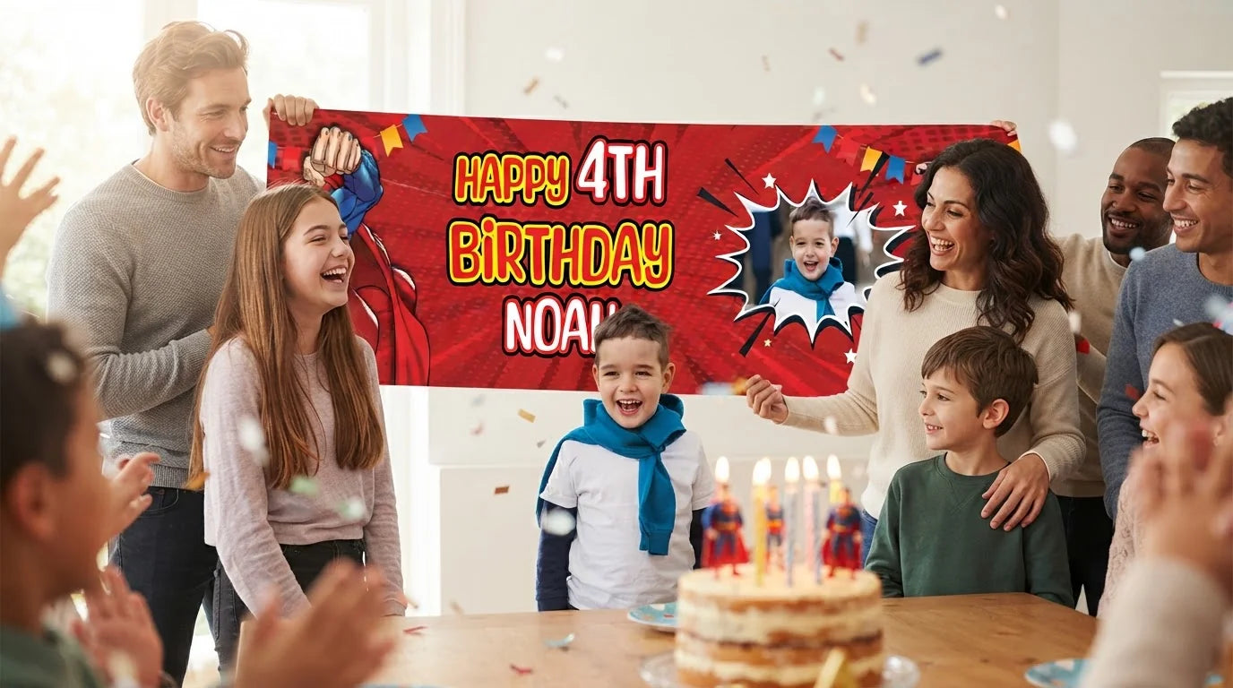 Friends and family celebrating with the personalised Superman Birthday Banner