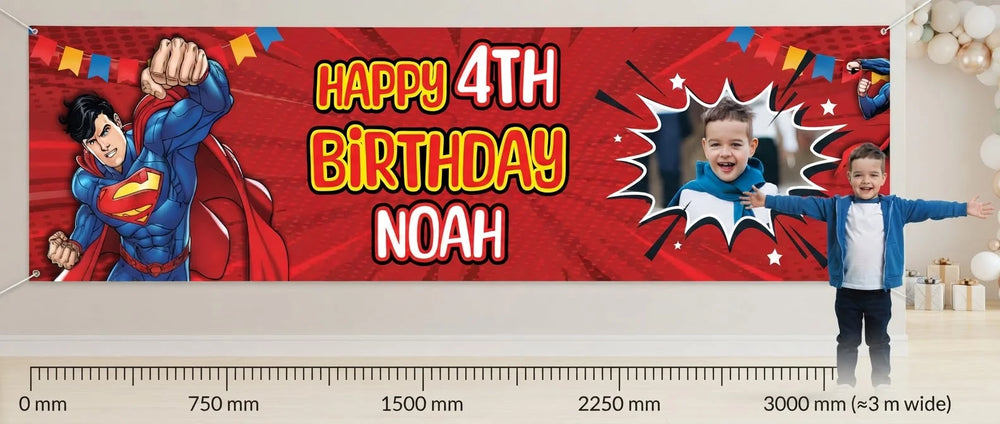 Person standing beside the Superman Birthday Banner for scale, with size guide showing 750 x 3000 mm