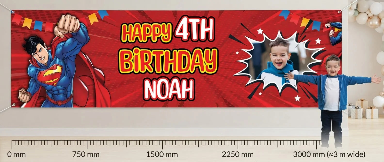 Person standing beside the Superman Birthday Banner for scale, with size guide showing 750 x 3000 mm