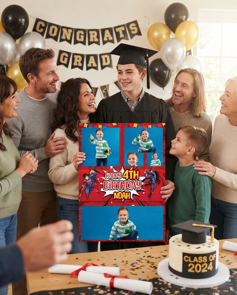 Friends and family celebrating with the personalised Superman Mega Card