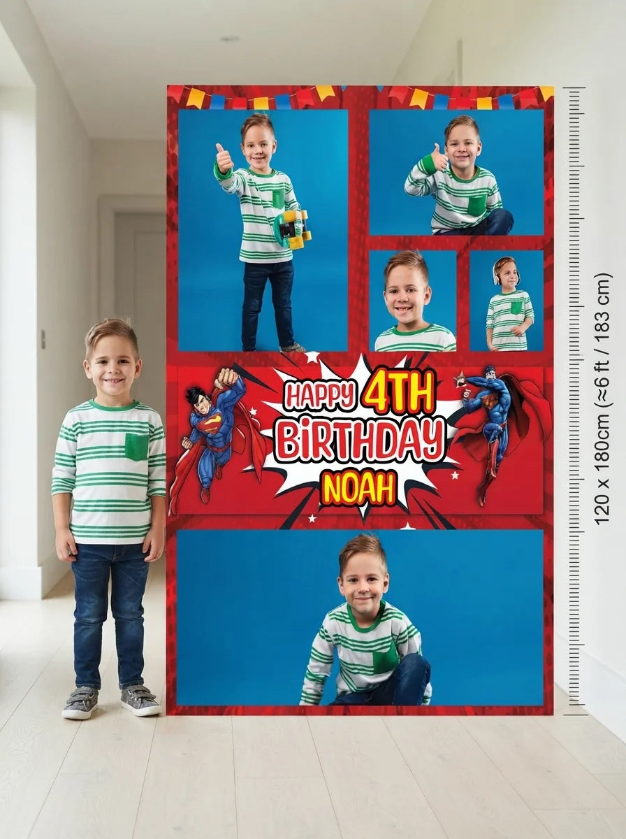 Person standing beside the Superman Mega Card for scale in a size guide