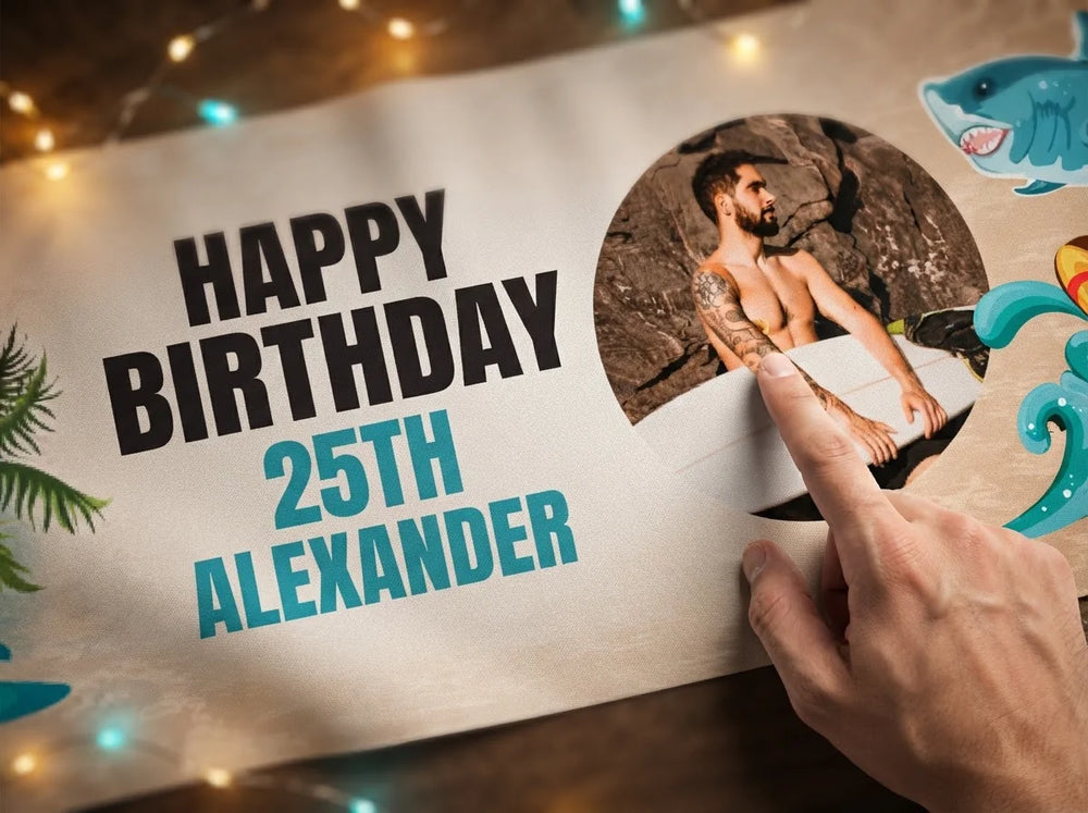 Close-up of the personalised name and photo printed on the Surfing Shark Birthday Party Banner