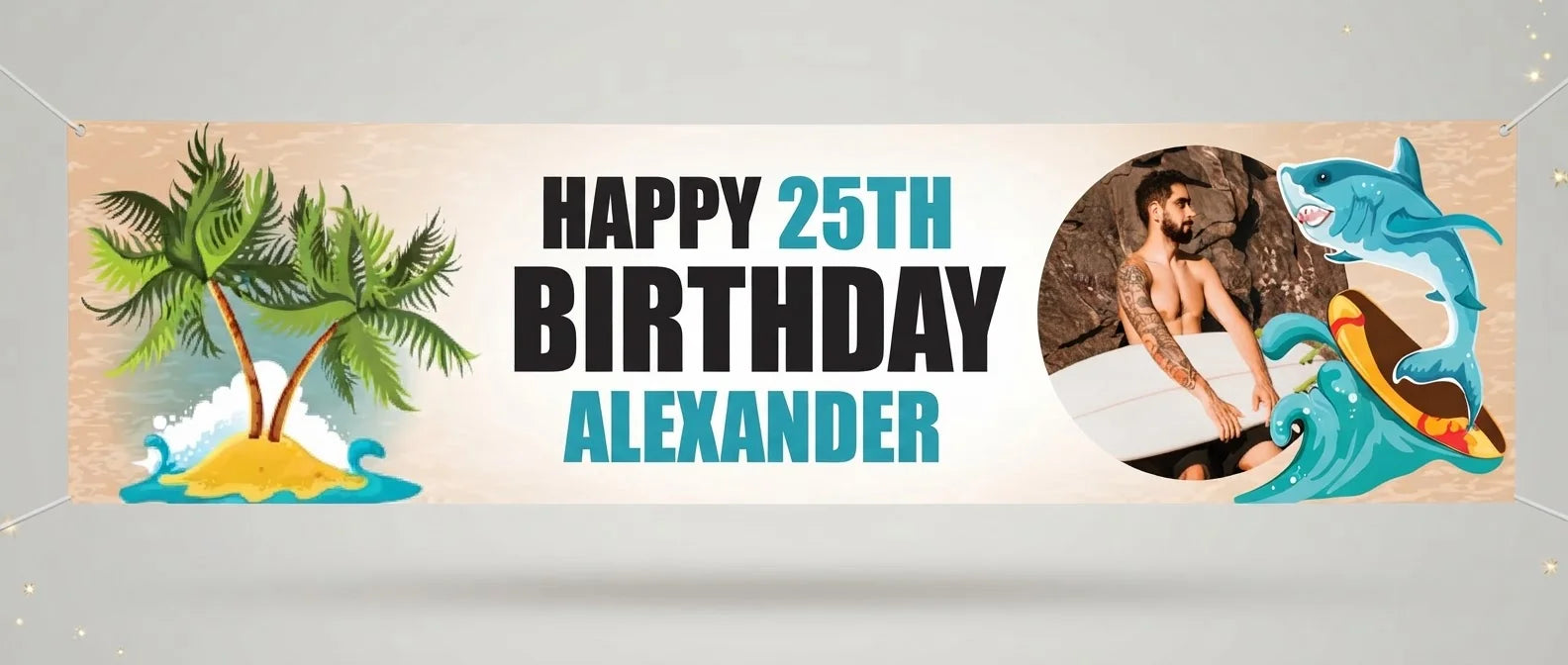 Personalised Surfing Shark Birthday Party Banner displayed against a plain studio background