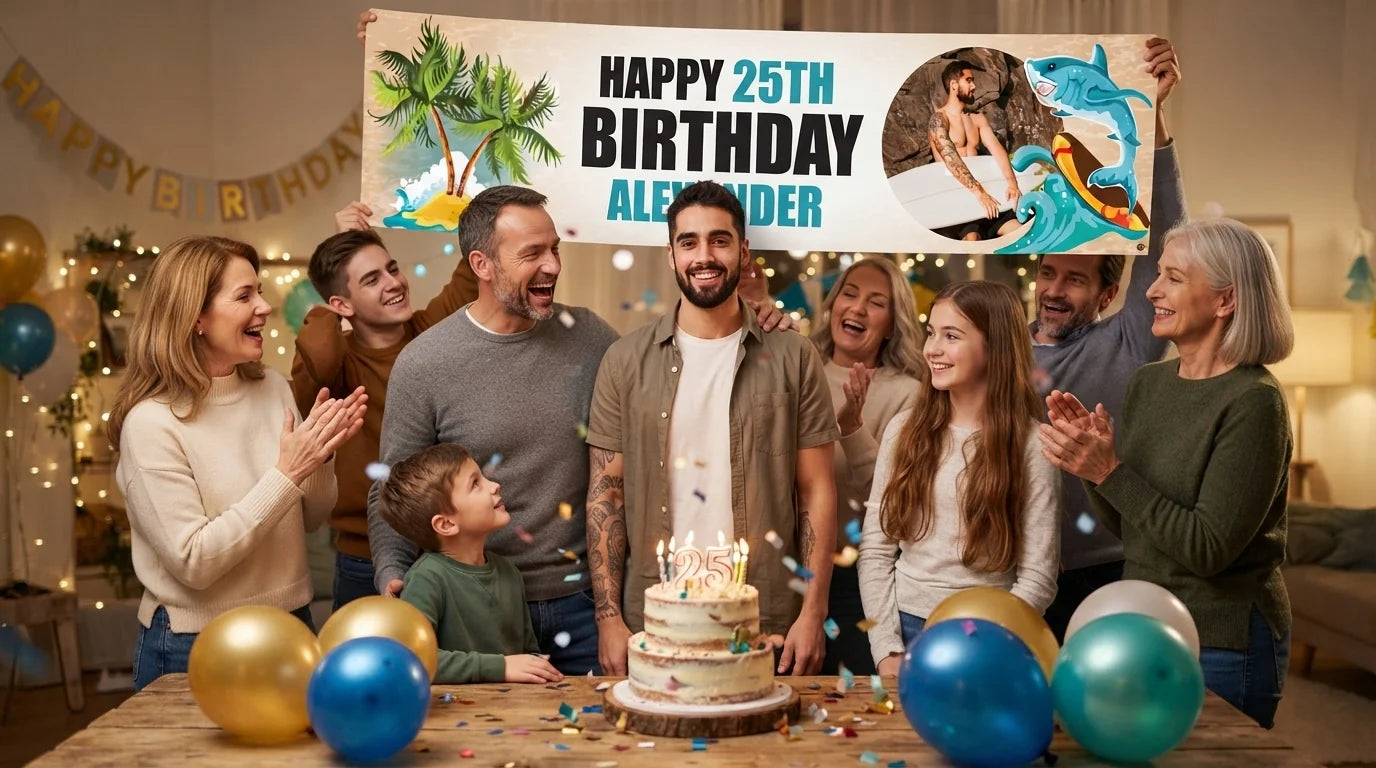 Friends and family celebrating with the personalised Surfing Shark Birthday Party Banner