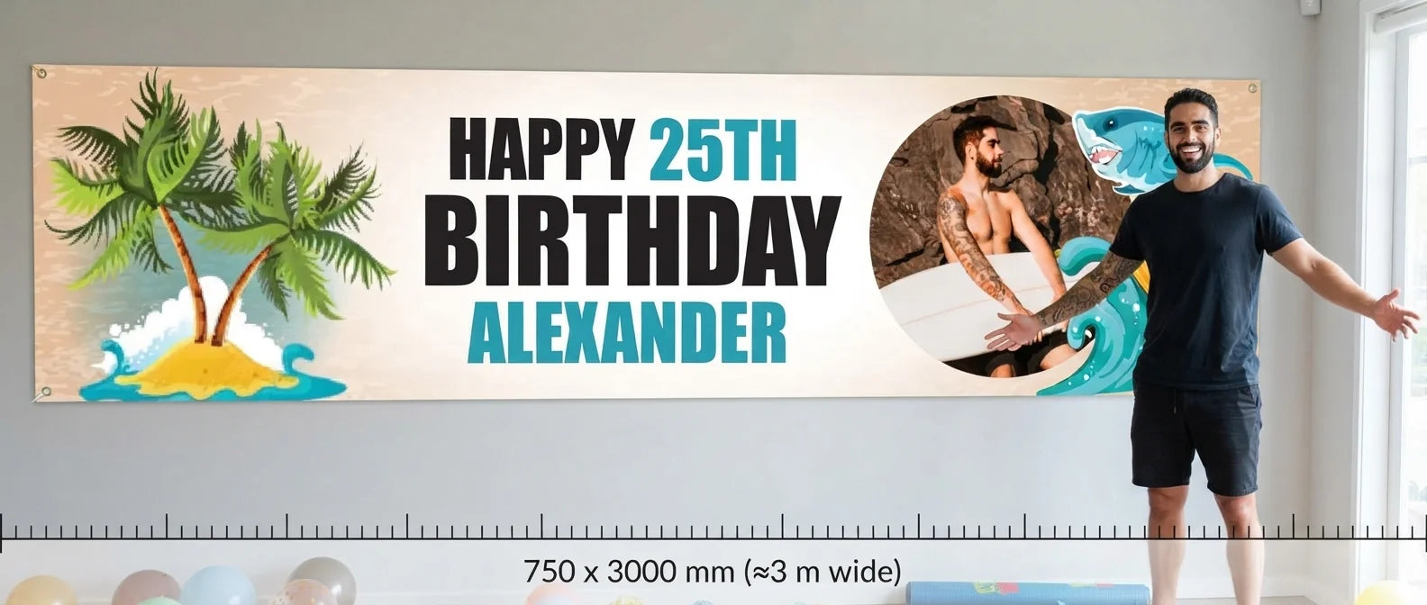 Person standing beside the Surfing Shark Birthday Party Banner for scale, with size guide showing 750 x 3000 mm