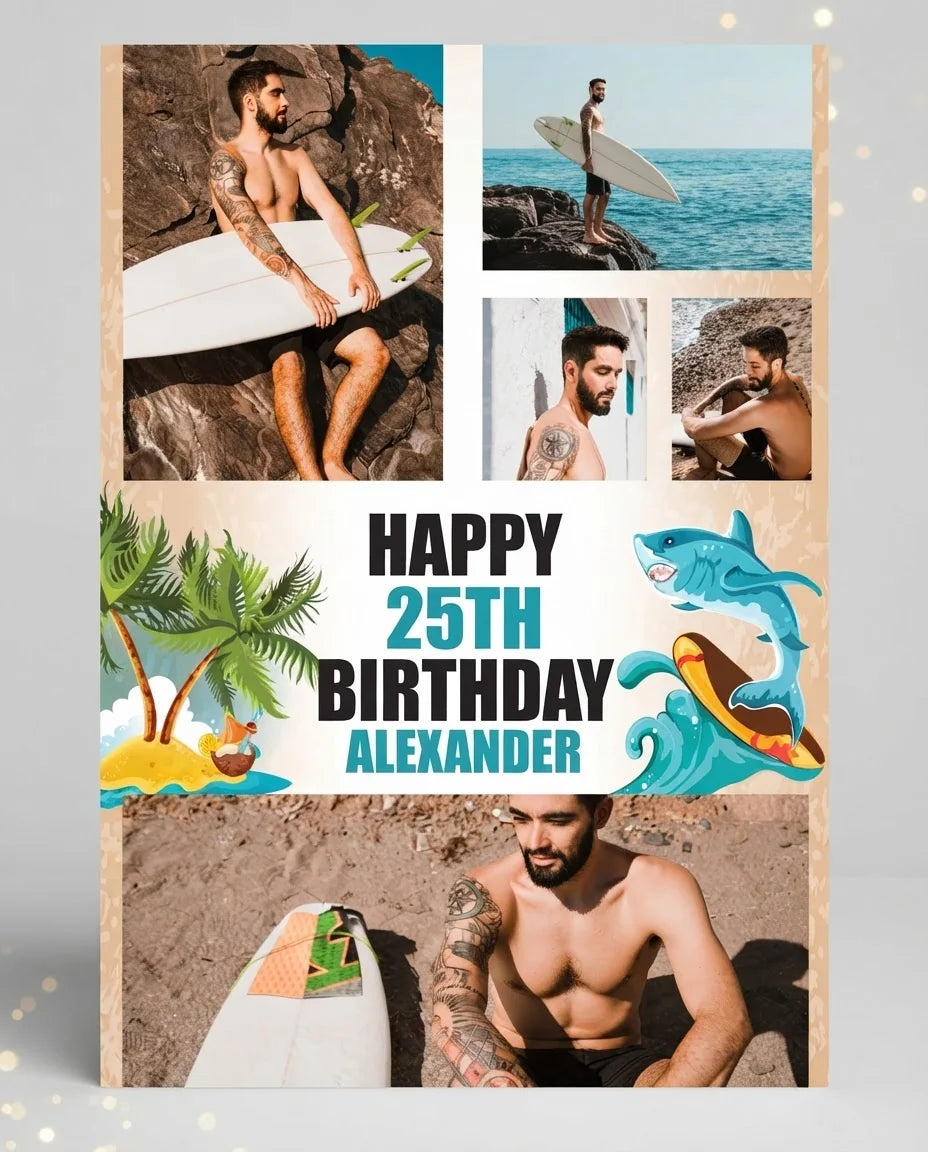 Personalised Surfing Shark Birthday Party Mega Card displayed against a plain studio background