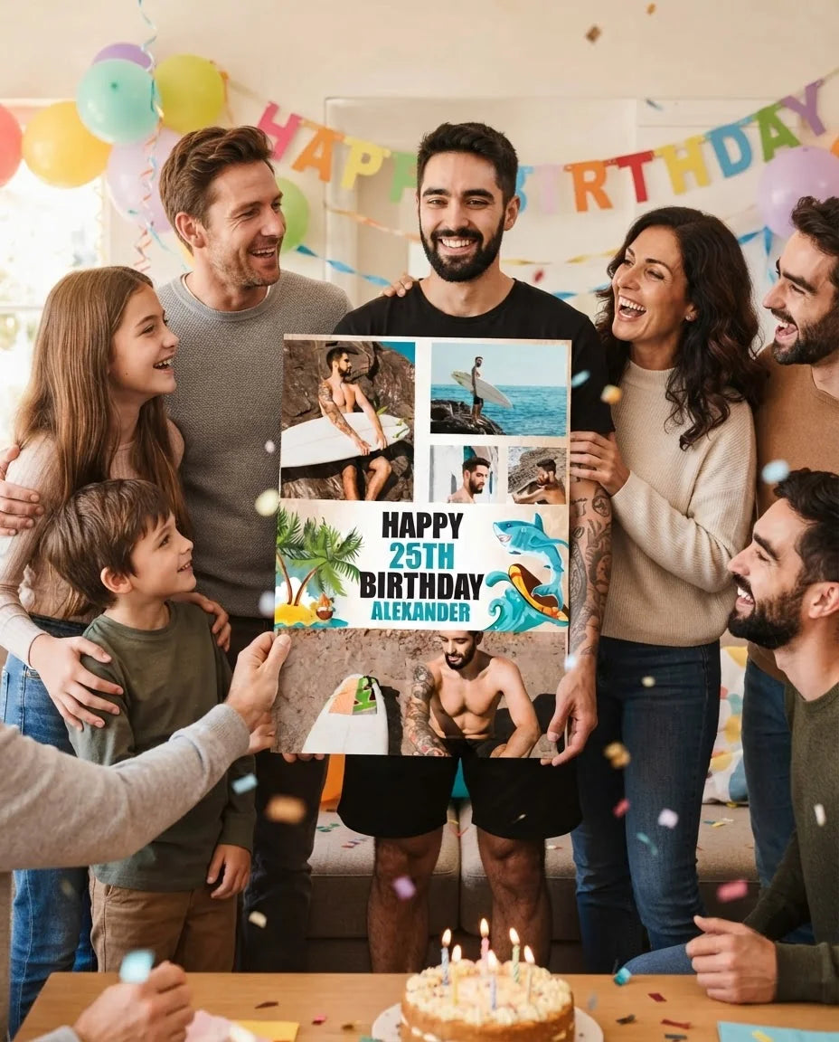 Friends and family celebrating with the personalised Surfing Shark Birthday Party Mega Card