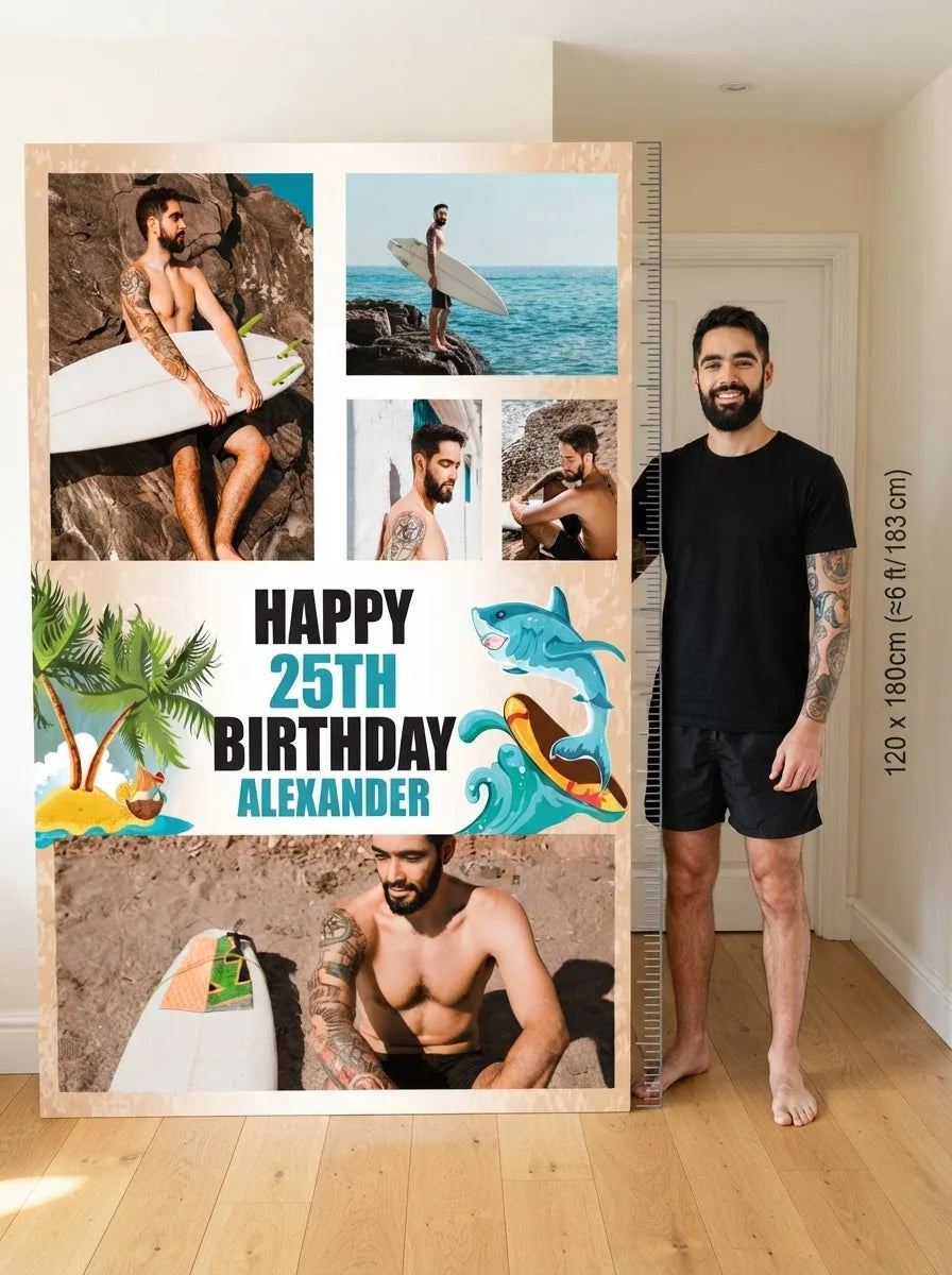 Person standing beside the Surfing Shark Birthday Party Mega Card for scale in a size guide