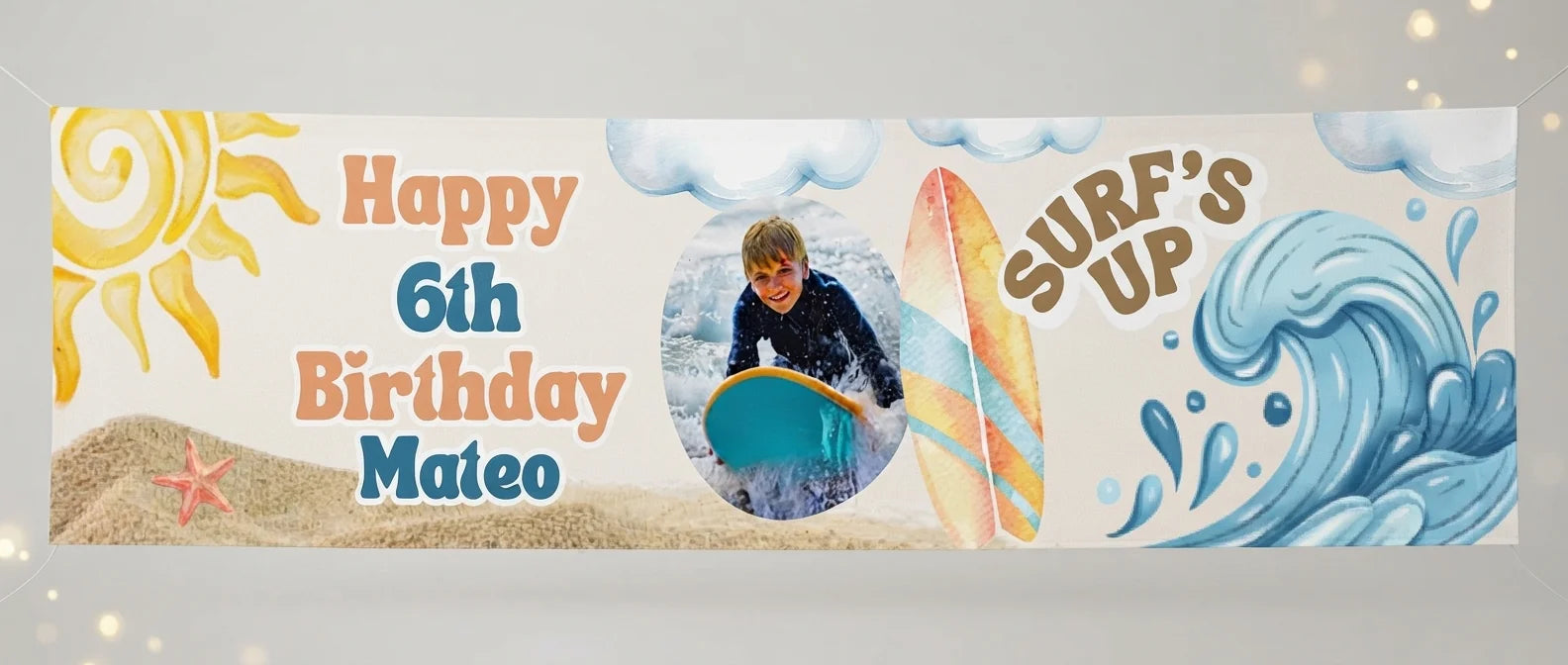 Personalised Surfs Up Birthday Party Banner displayed against a plain studio background