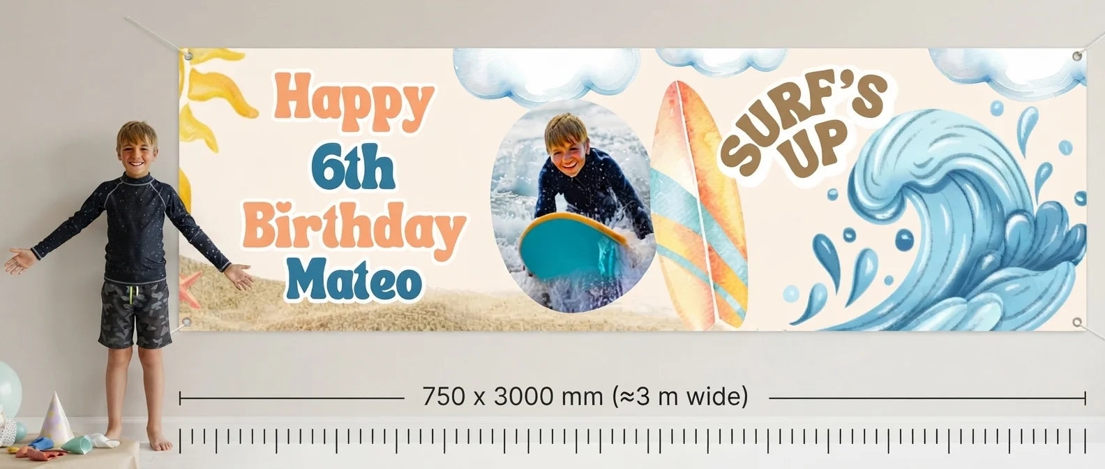 Person standing beside the Surfs Up Birthday Party Banner for scale, with size guide showing 750 x 3000 mm