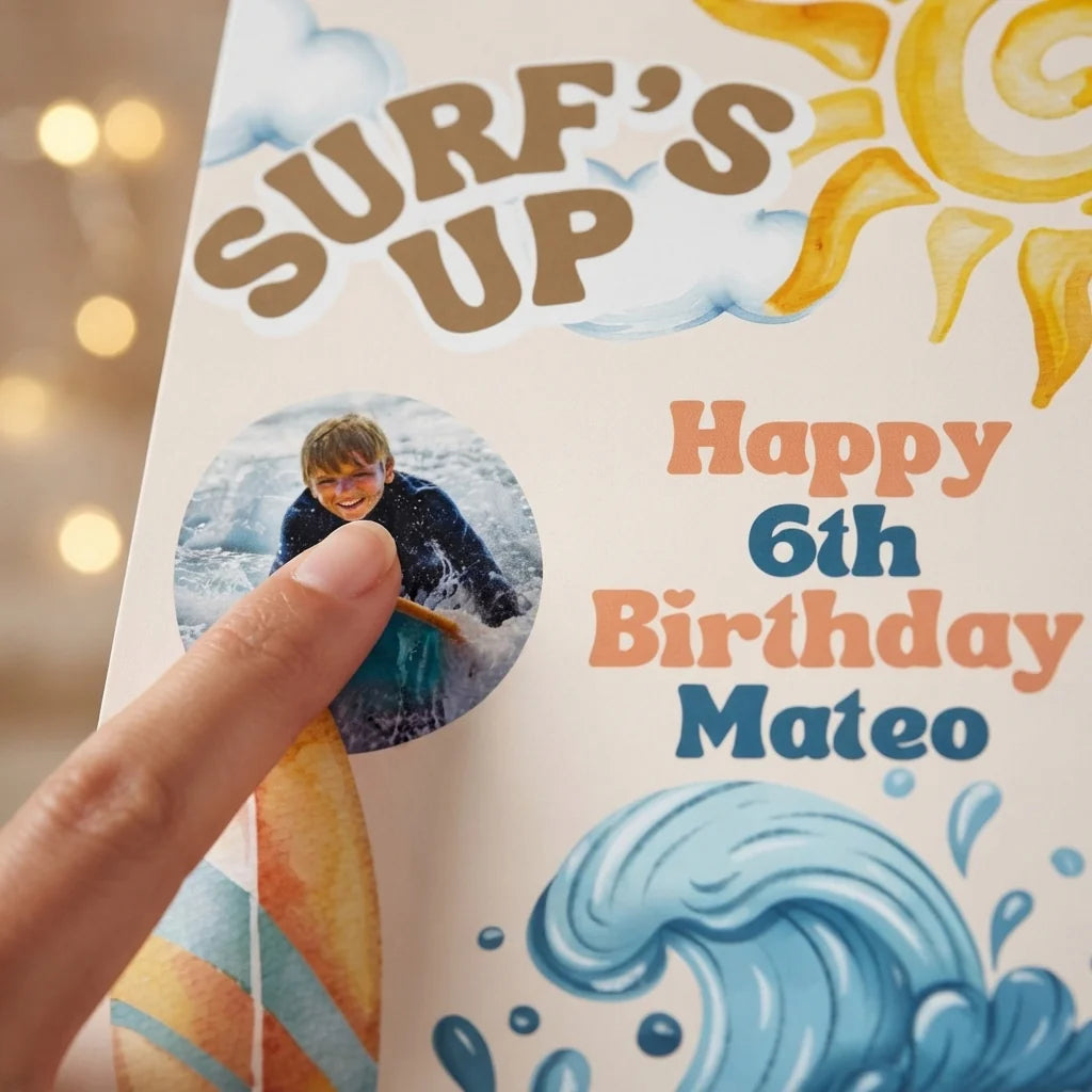 Close-up of the personalised name and photo printed on the SurfsUp Birthday Party Mega Card