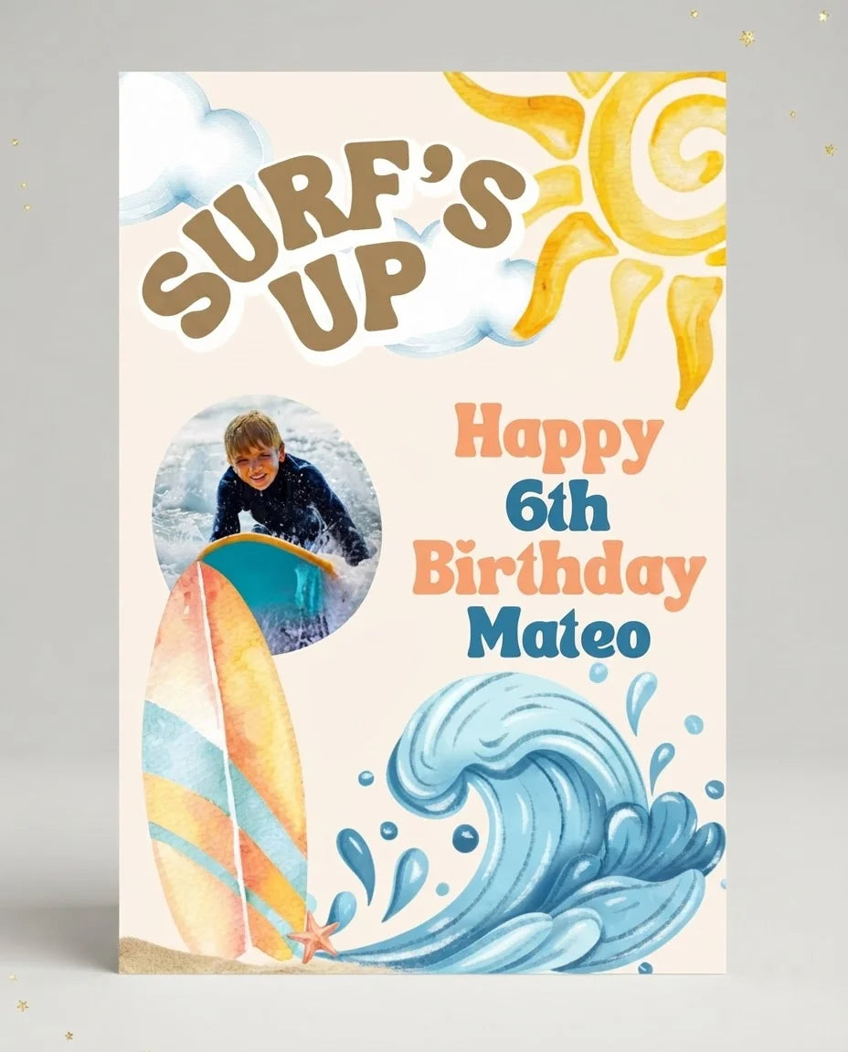 Personalised SurfsUp Birthday Party Mega Card displayed against a plain studio background