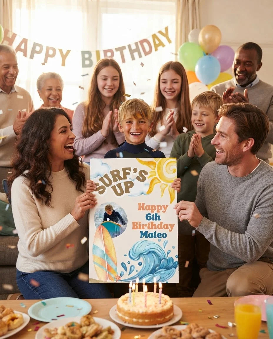 Friends and family celebrating with the personalised SurfsUp Birthday Party Mega Card