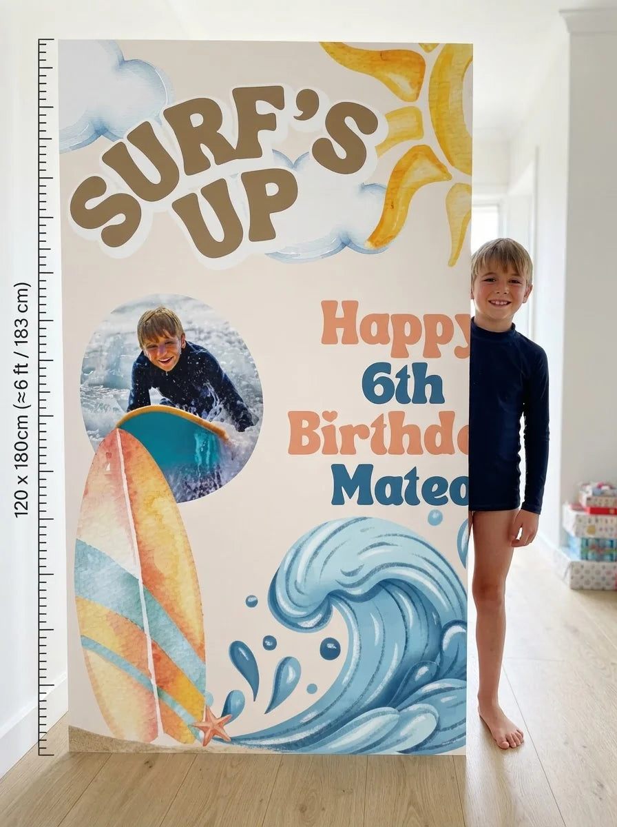 Person standing beside the SurfsUp Birthday Party Mega Card for scale in a size guide