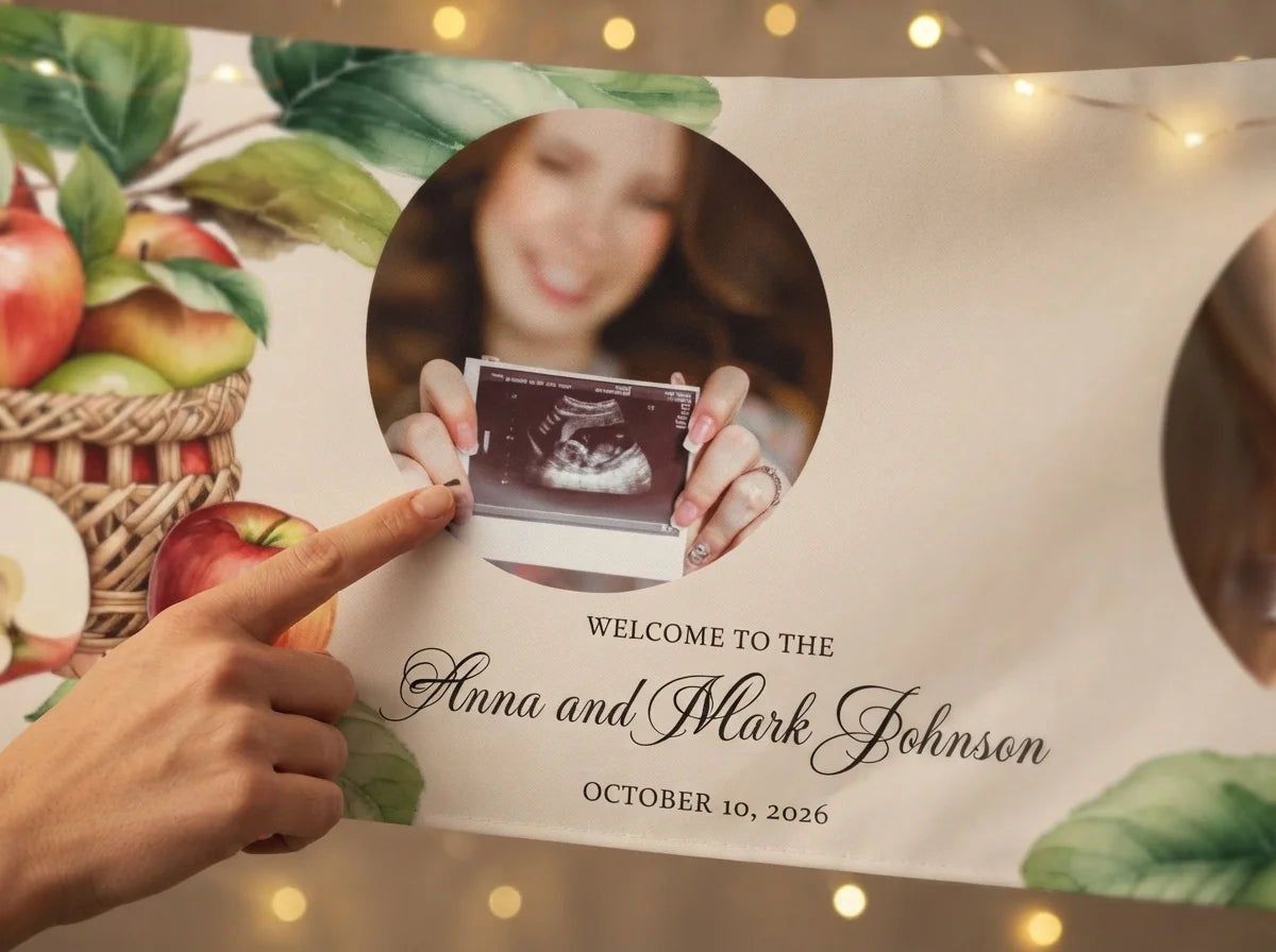 Close-up of the personalised name and photo printed on the Sweet Little Apple Baby Shower Party Banner