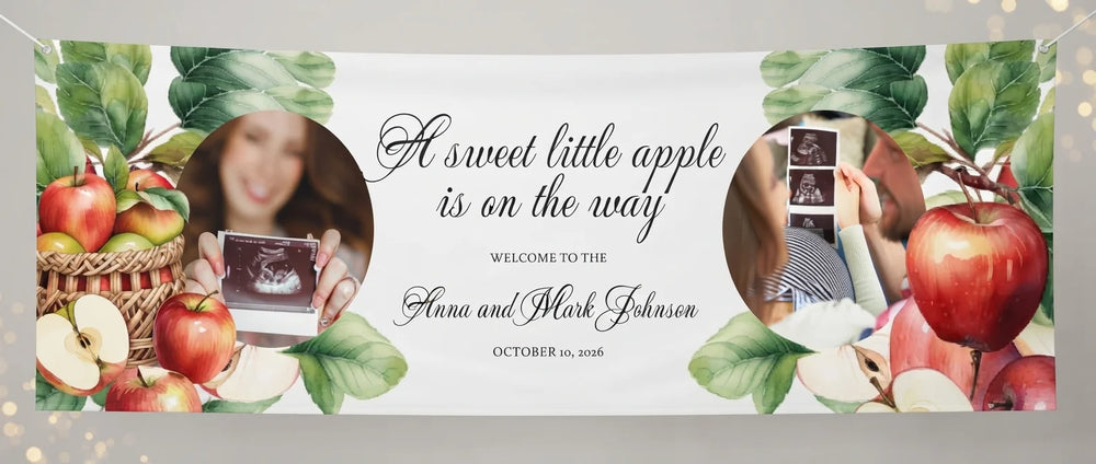 Personalised Sweet Little Apple Baby Shower Party Banner displayed against a plain studio background