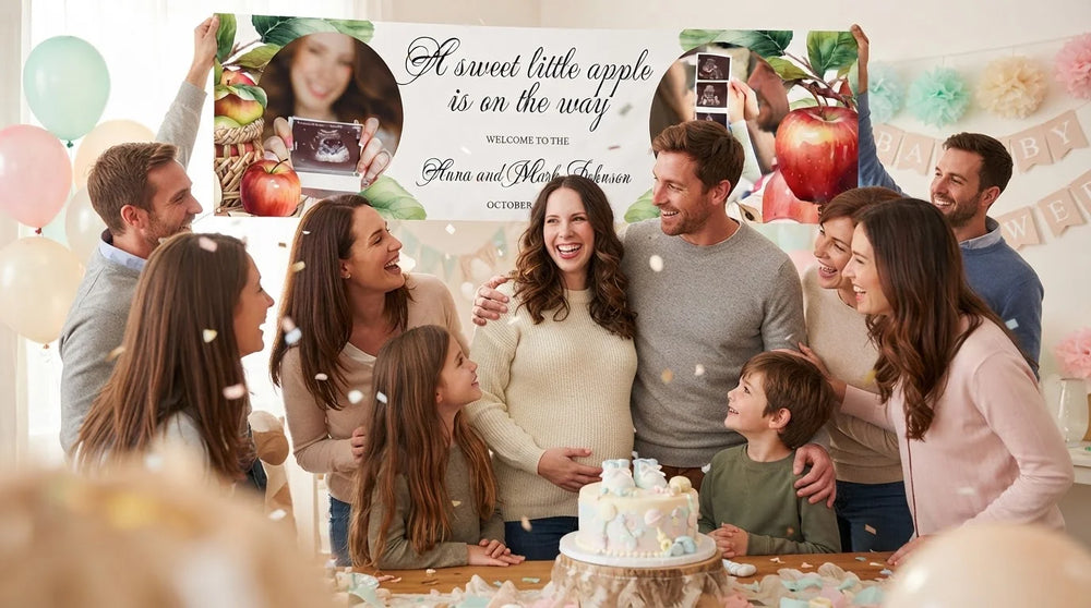 Friends and family celebrating with the personalised Sweet Little Apple Baby Shower Party Banner