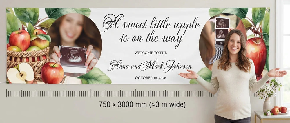 Person standing beside the Sweet Little Apple Baby Shower Party Banner for scale, with size guide showing 750 x 3000 mm