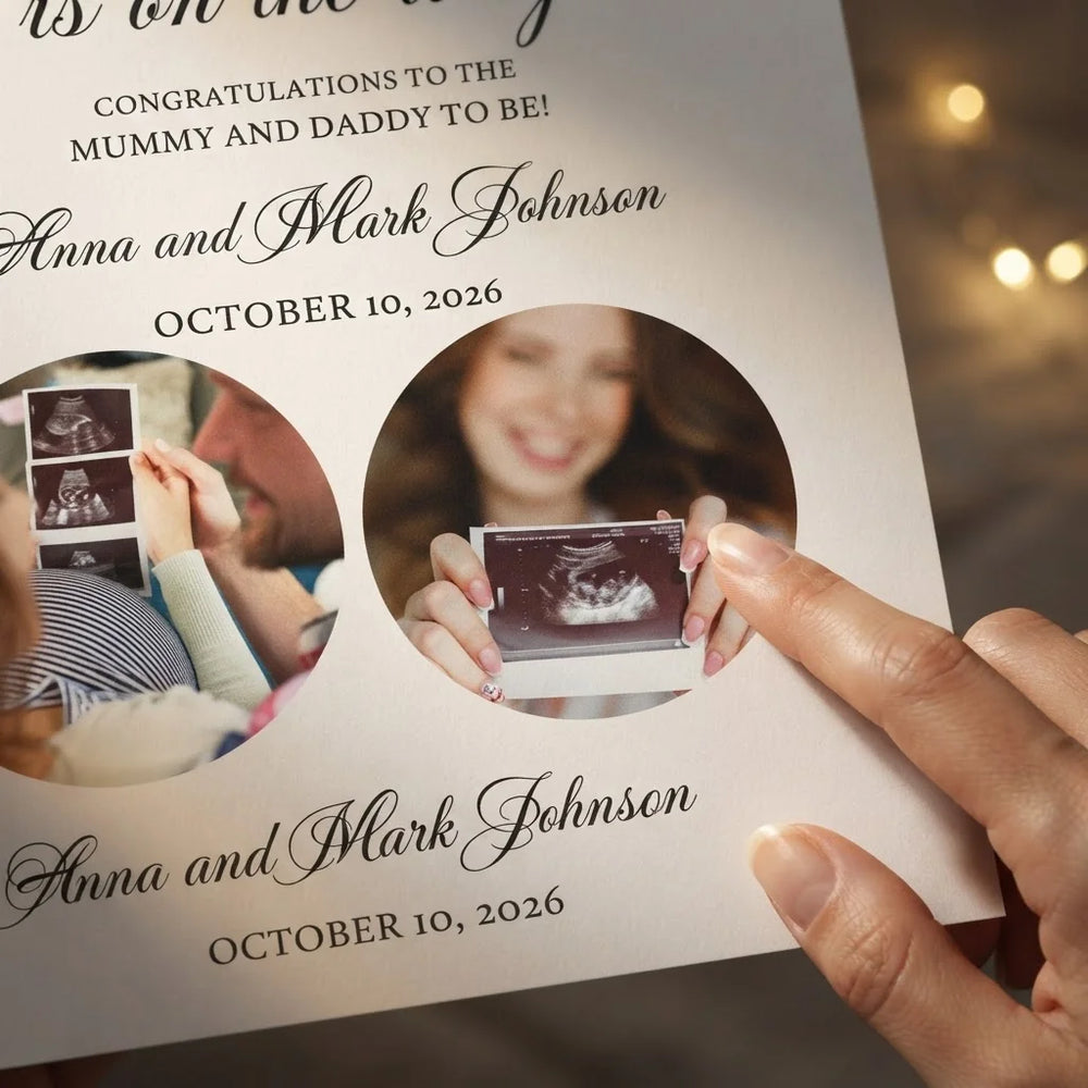 Close-up of the personalised name and photo printed on the Sweet Little Apple Baby Shower Party Mega Card