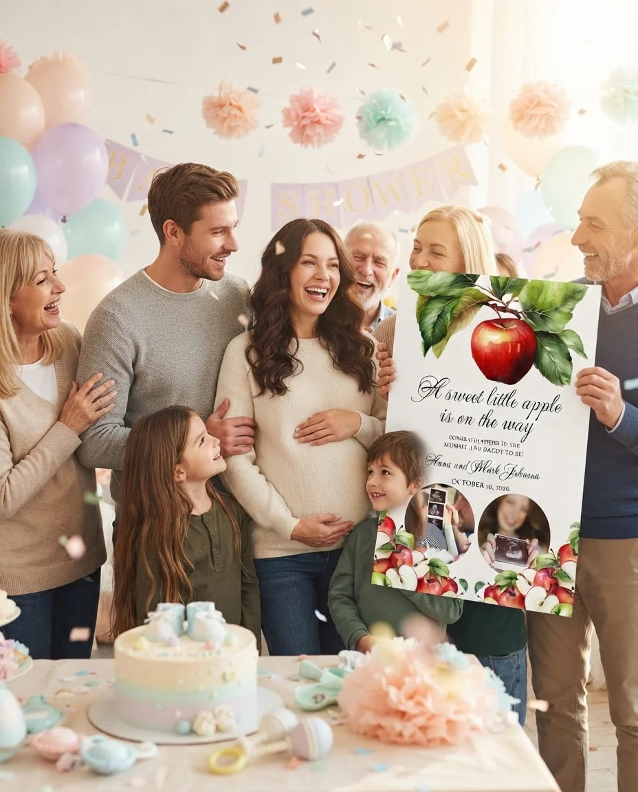 Friends and family celebrating with the personalised Sweet Little Apple Baby Shower Party Mega Card