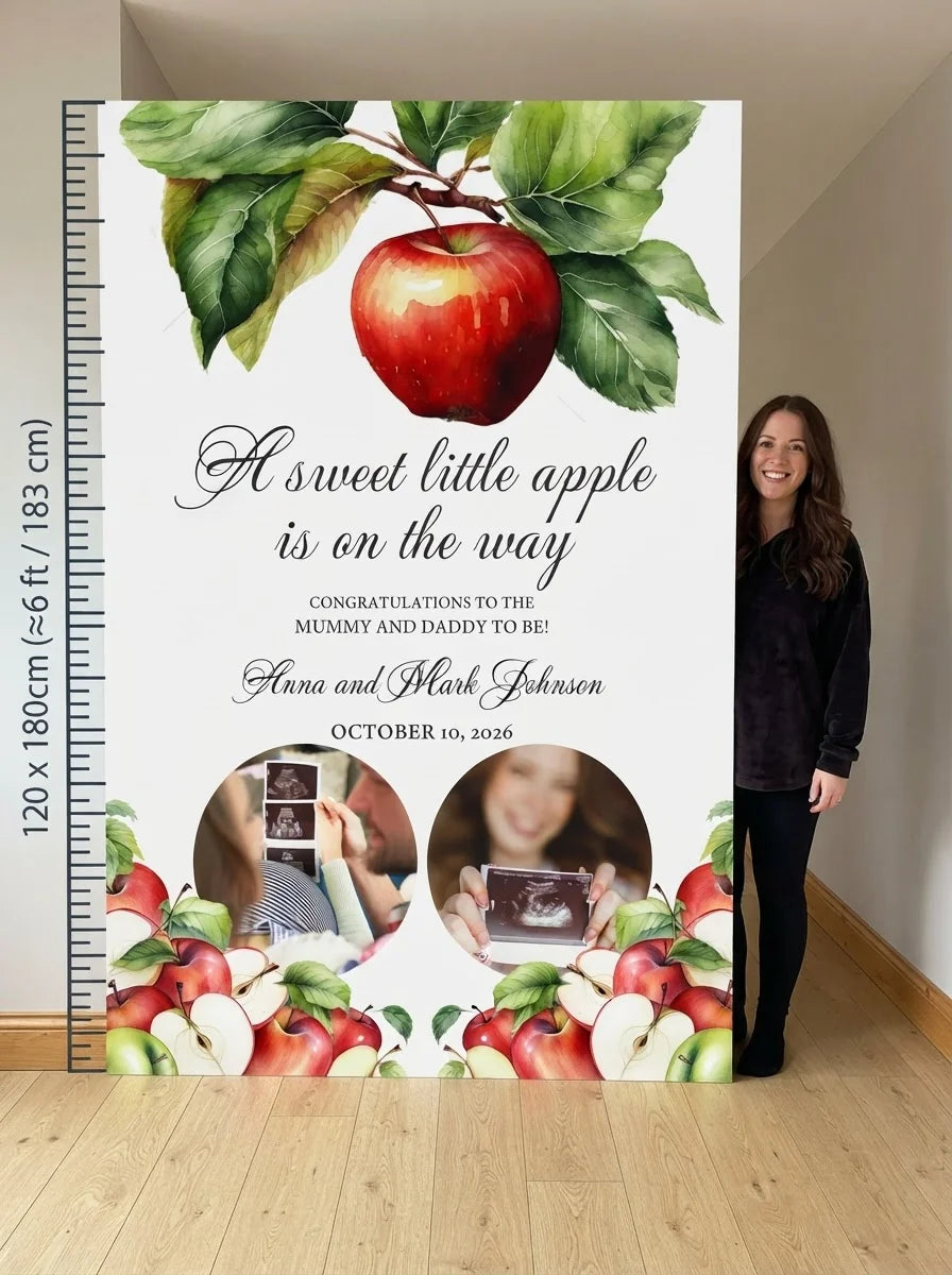 Person standing beside the Sweet Little Apple Baby Shower Party Mega Card for scale in a size guide