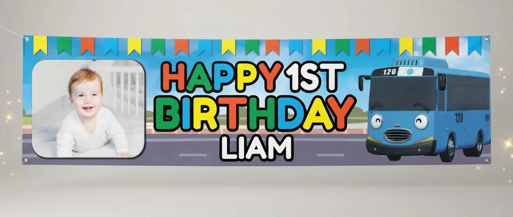 Personalised Tayo The Little Bus Birthday Banner displayed against a plain studio background