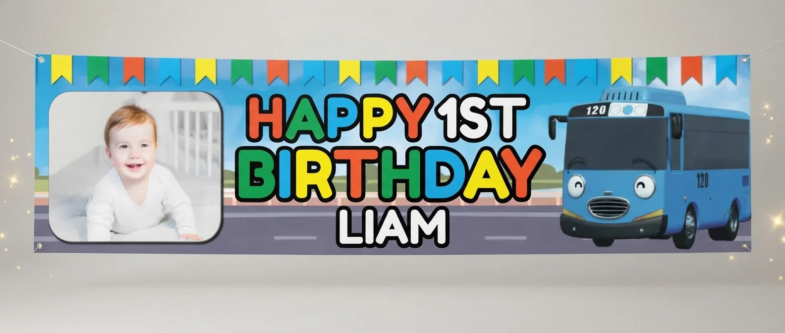 Personalised Tayo The Little Bus Birthday Banner displayed against a plain studio background