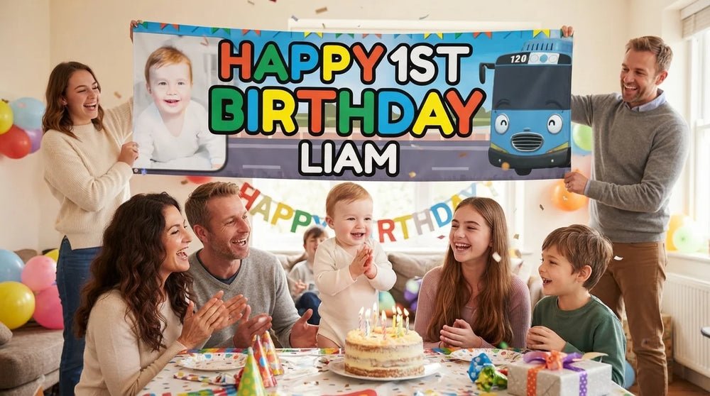 Friends and family celebrating with the personalised Tayo The Little Bus Birthday Banner