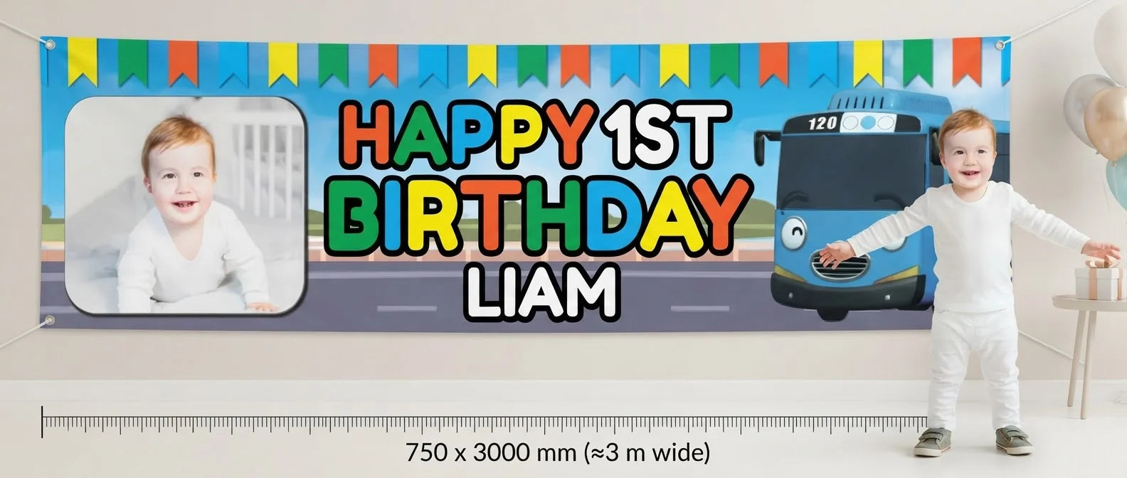 Person standing beside the Tayo The Little Bus Birthday Banner for scale, with size guide showing 750 x 3000 mm