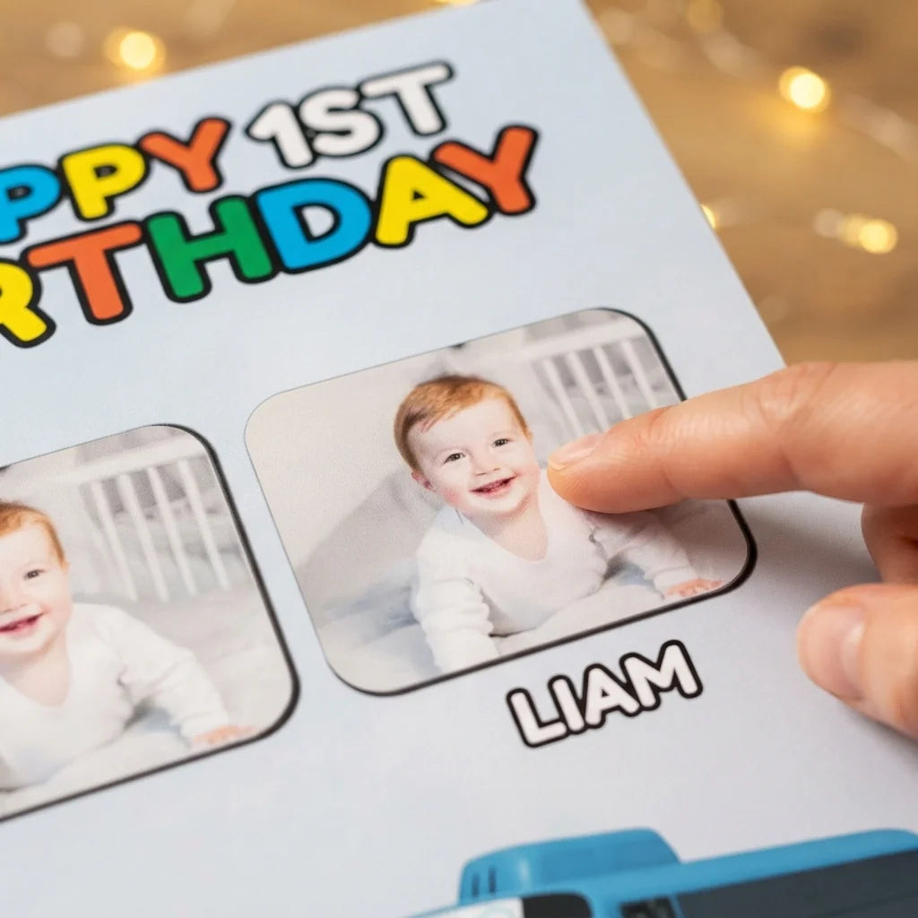 Close-up of the personalised name and photo printed on the Tayo The Little Bus Mega Card