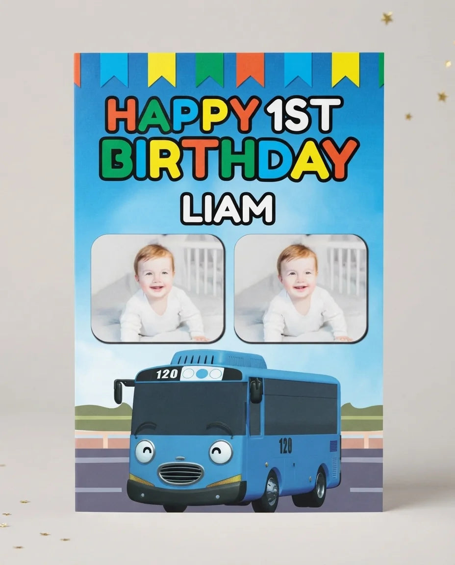 Personalised Tayo The Little Bus Mega Card displayed against a plain studio background