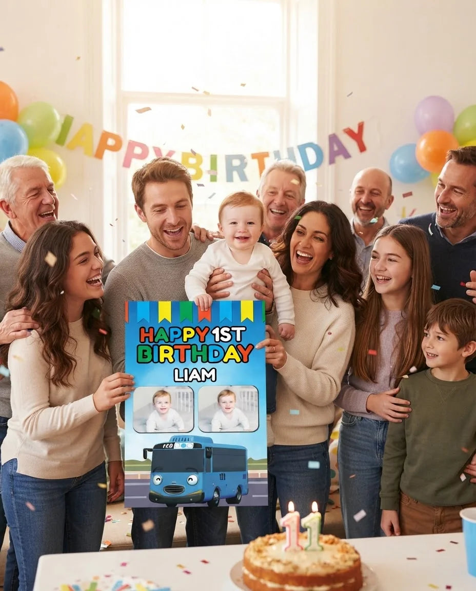Friends and family celebrating with the personalised Tayo The Little Bus Mega Card