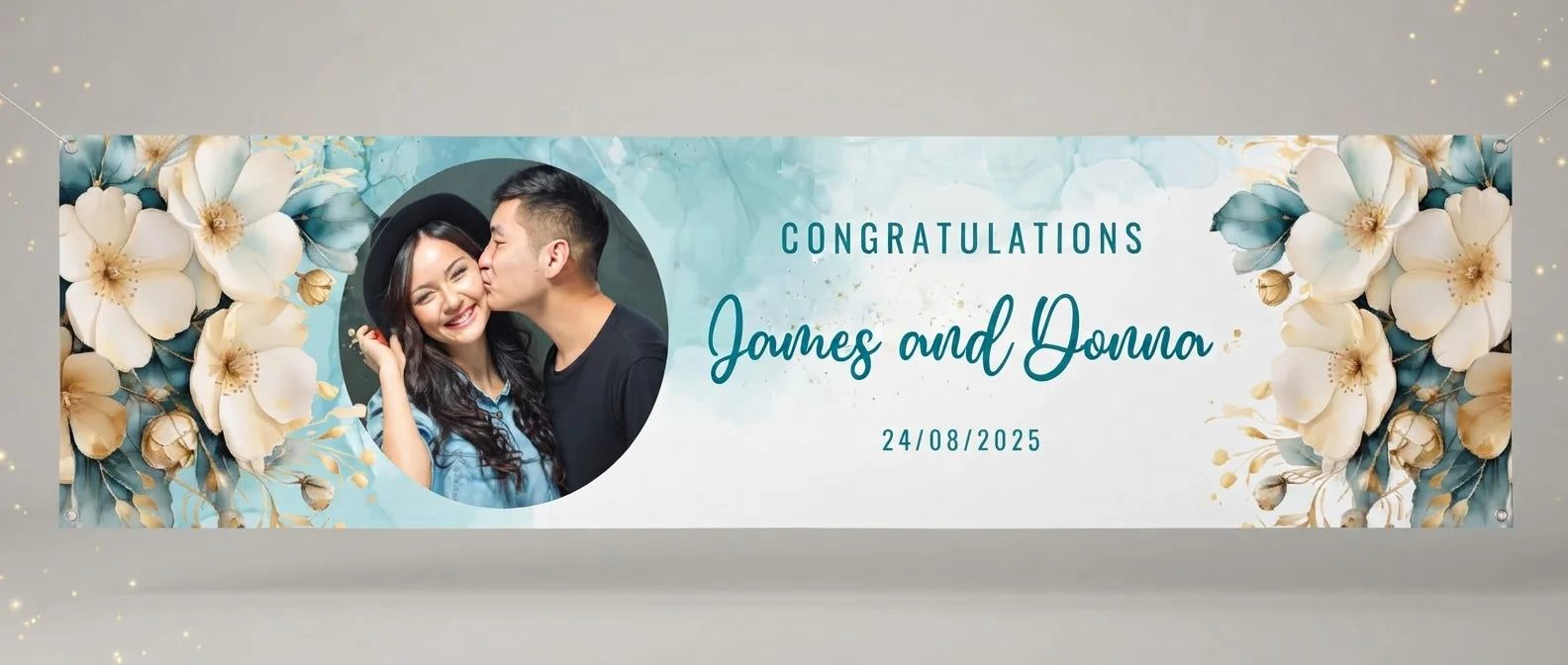 Personalised Teal and Gold Flower Theme Wedding displayed against a plain studio background