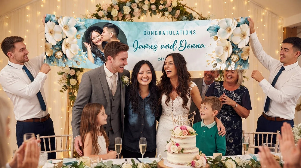Friends and family celebrating with the personalised Teal and Gold Flower Theme Wedding