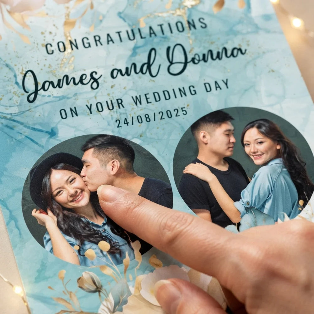 Close-up of the personalised name and photo printed on the Teal and Gold Flower Theme Wedding Mega Card