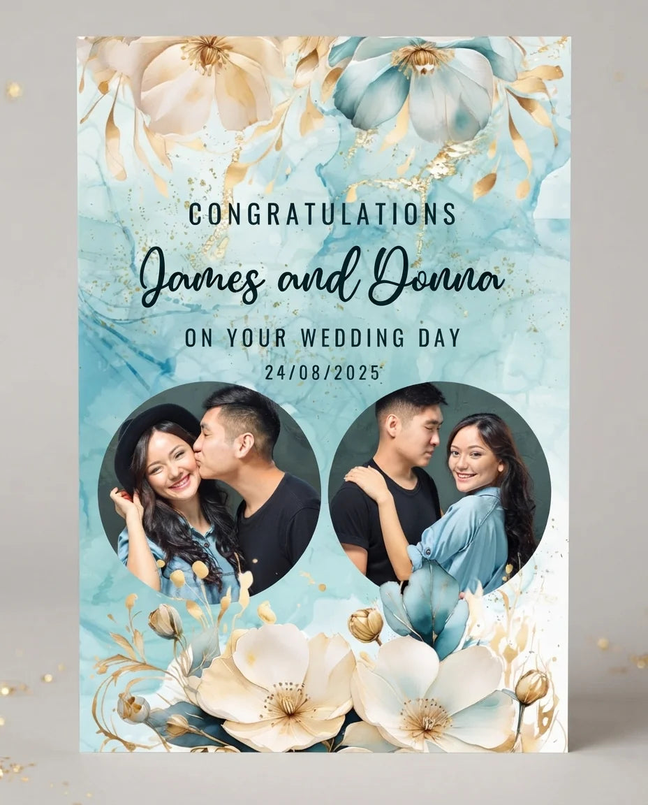 Personalised Teal and Gold Flower Theme Wedding Mega Card displayed against a plain studio background